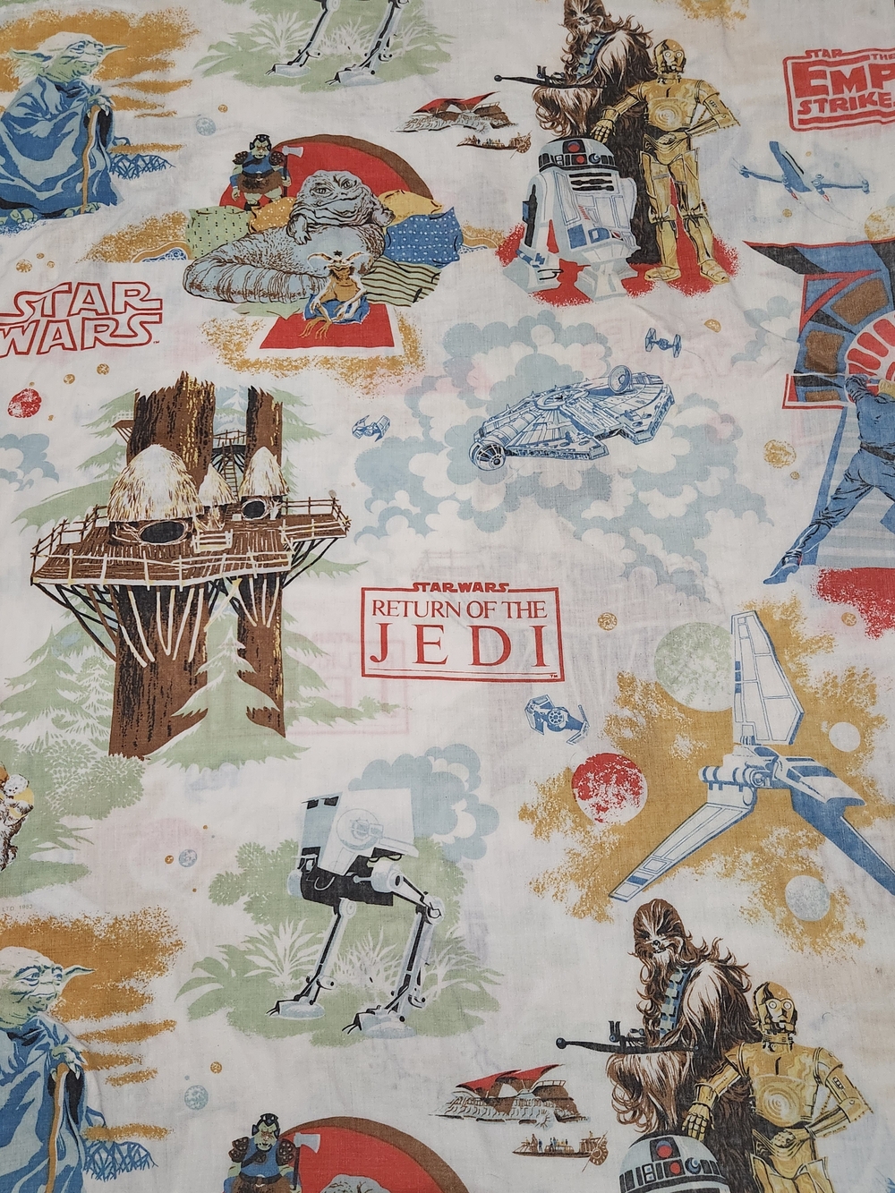 Vintage 1983 Star Wars Return of the Jedi Twin Flat Sheet Yoda R2D2 Fabric